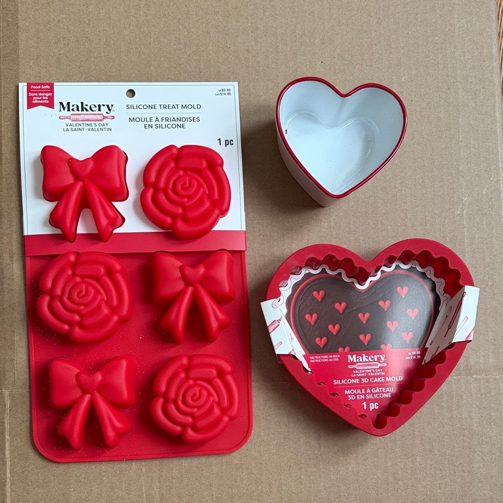 Makery Red Silicone Treat Molds set of 3. 2 silicone 1 ceramic ramekin.
